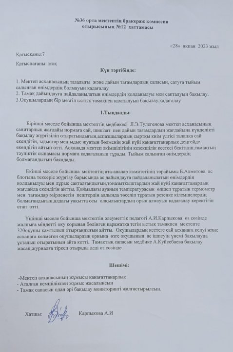 Тамақтану сапасына мониторинг жүргізу актісі.