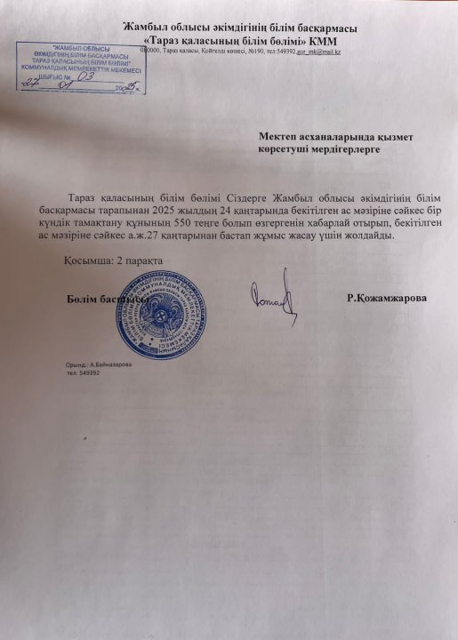 2025 жылдың 24 қаңтарында бекітілген ас мәзіріне сәйкес бір күндік тамаұтану құны.
