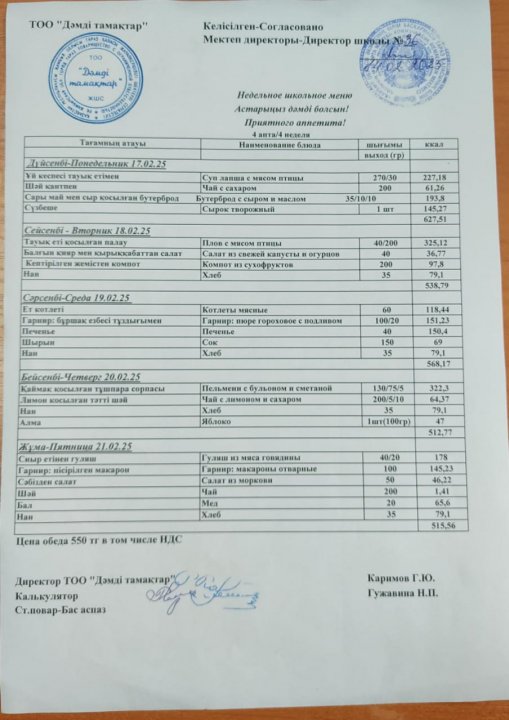 Апталық ас мәзірі