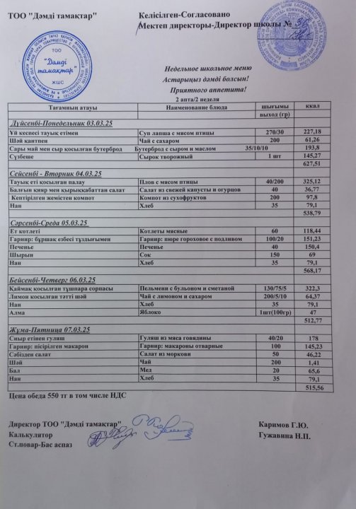 Апталық ас мәзірі