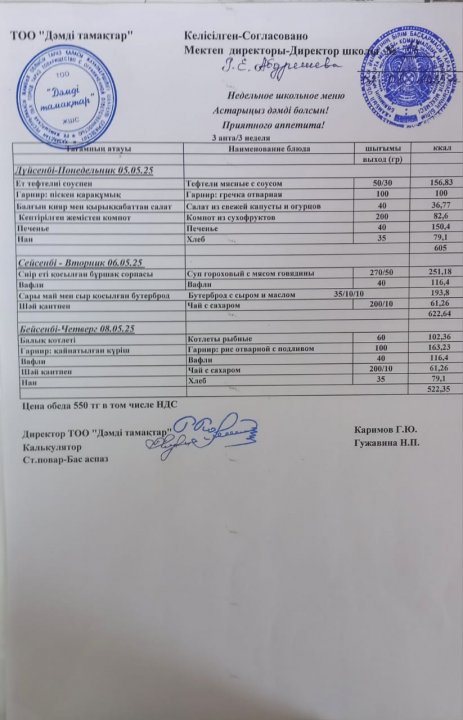 Апталық ас мәзірі