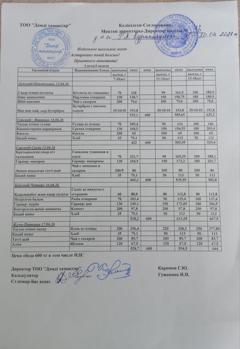 Апталық ас мәзірі